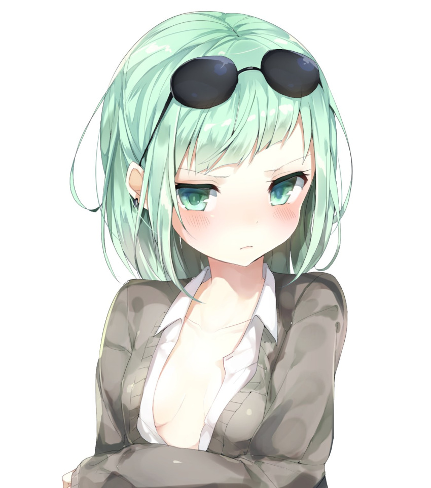 1girl bangs blush breasts cardigan collared_shirt green_eyes green_hair highres looking_at_viewer niito original pout shirt simple_background small_breasts solo sunglasses sunglasses_on_head unbuttoned unbuttoned_shirt upper_body white_background white_shirt