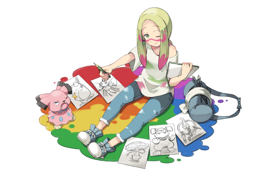 1girl bag blonde_hair duffel_bag facepaint granbull green_eyes highres klefki long_hair matsurika_(pokemon) notepad one_eye_closed oversized_clothes oversized_shirt paint paint_splatter paintbrush pencil pokemon pokemon_(creature) pokemon_(game) pokemon_sm ribombee shiinotic shirt sitting snubbull trial_captain wigglytuff yuta0115