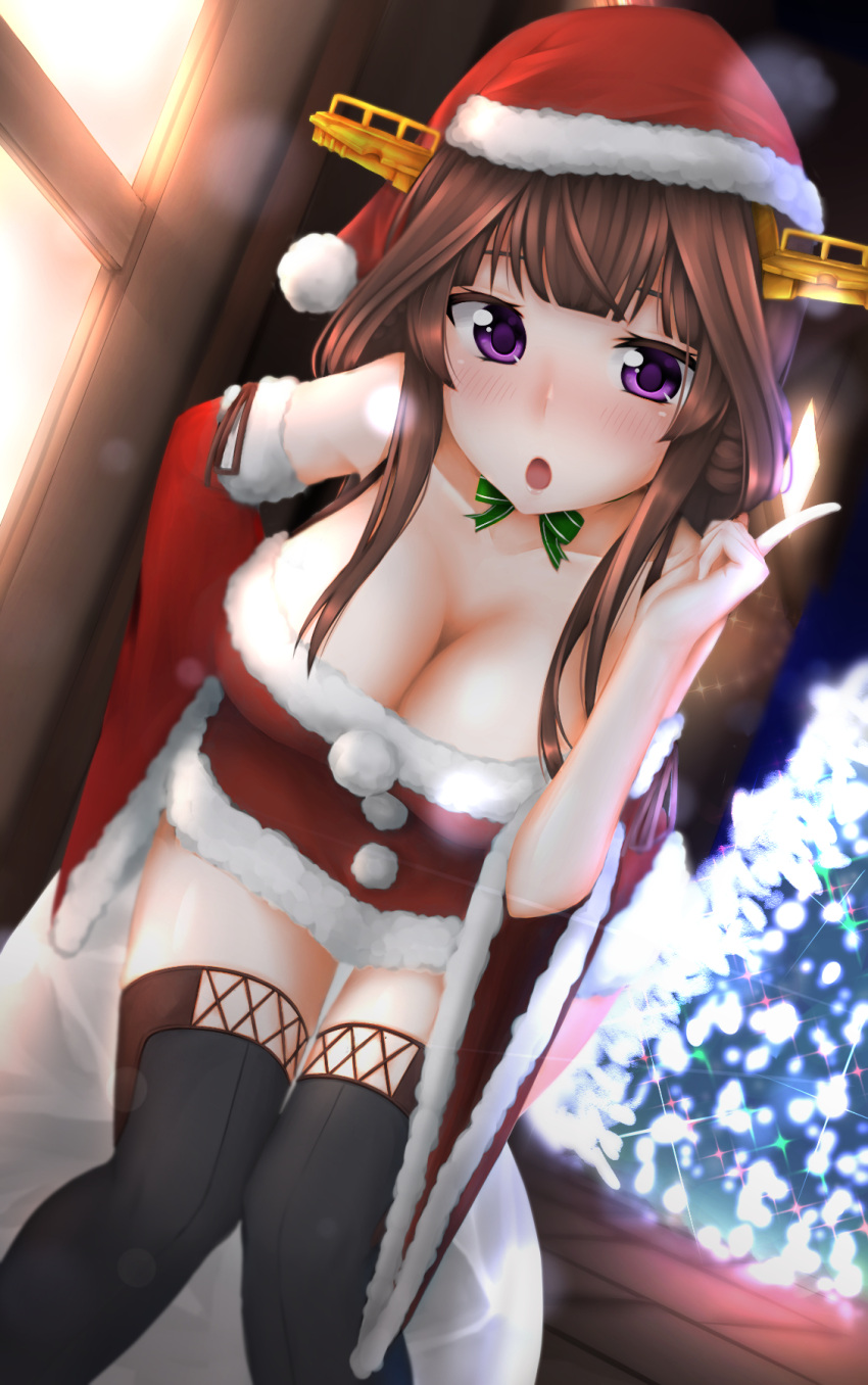1girl :d alternate_costume backlighting bare_shoulders bent_over black_legwear blush boots bow bowtie breasts brown_hair christmas christmas_tree cleavage detached_sleeves downblouse dress fur_trim green_bow green_bowtie hat headgear highres index_finger_raised indoors kantai_collection knees_together_feet_apart kongou_(kantai_collection) large_breasts leaning_forward long_hair long_sleeves looking_at_viewer open_mouth outdoors pointer pointing pointing_up red_dress red_hat ribbon sack santa_costume santa_hat smile solo strapless strapless_dress thigh-highs thigh_boots thigh_gap violet_eyes wide_sleeves window zettai_ryouiki