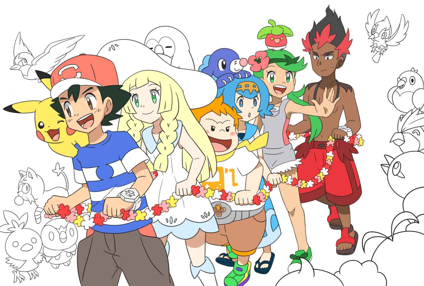 3boys 3girls conga_line dark_skin dark_skinned_male dress flower hat highres kaki_(pokemon) lillie_(pokemon) mamane_(pokemon) mallow_(pokemon) multiple_boys multiple_girls partially_colored plant pokemon pokemon_(anime) pokemon_sm_(anime) satoshi_(pokemon) suiren_(pokemon) white_background