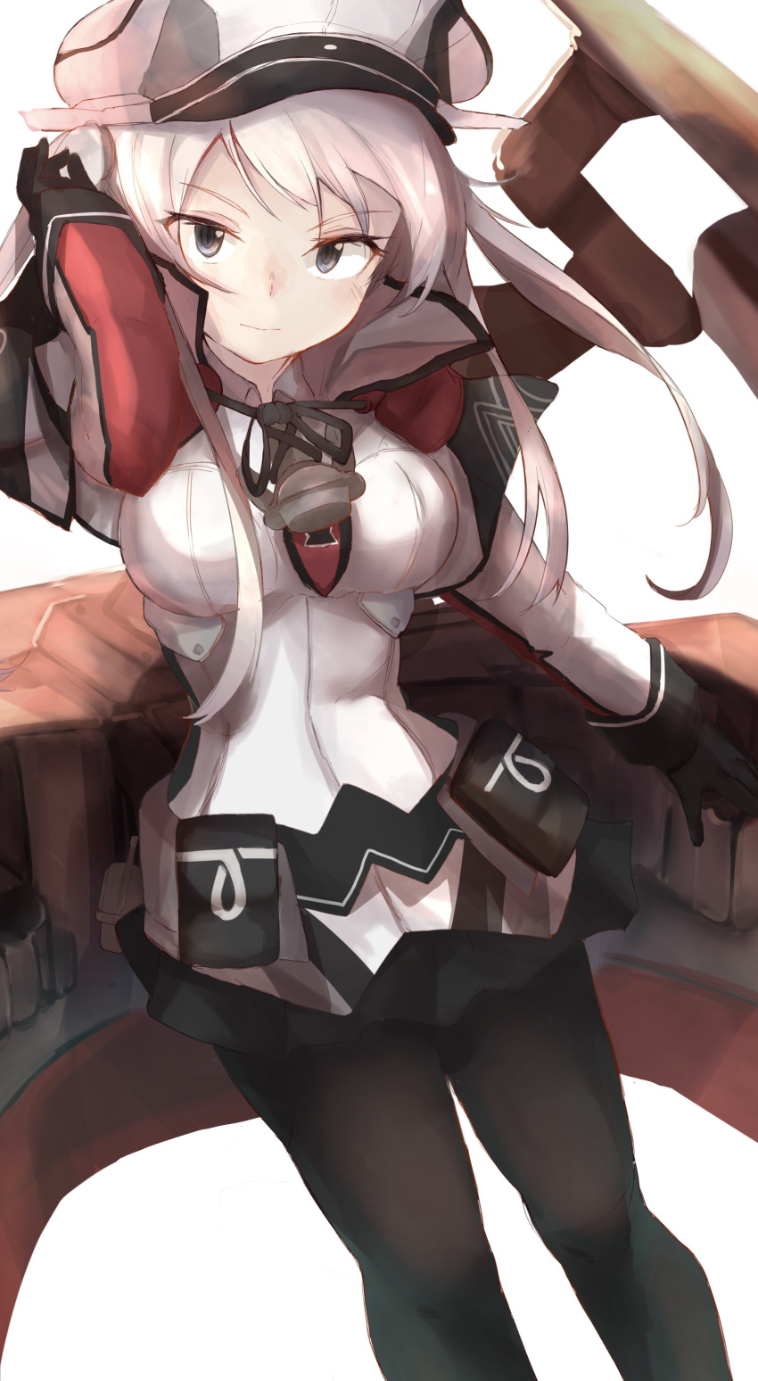 1girl absurdres arm_up black_gloves black_legwear blonde_hair breasts expressionless gloves graf_zeppelin_(kantai_collection) grey_eyes hat highres kantai_collection large_breasts looking_at_viewer military military_hat military_uniform pantyhose ranf simple_background solo tsurime twintails uniform white_background