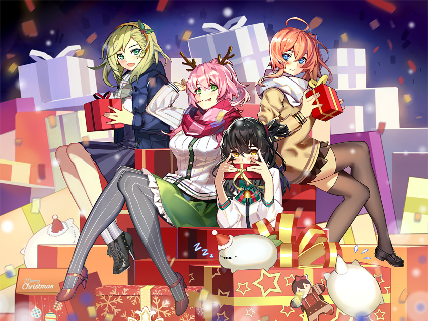 4girls :p ahoge alternate_costume antlers aoba_(zhan_jian_shao_nyu) bangs bell black_hair black_shoes blue_coat blue_eyes blue_skirt blush box breasts brown_coat brown_legwear brown_skirt buttons casual christmas coat confetti fang frilled_skirt frills galo_(zhan_jian_shao_nyu) gift gift_box gingerbread_man green_eyes green_hair green_skirt grey_legwear hat headband highres holding holding_gift hooded_coat kumano_(zhan_jian_shao_nyu) long_sleeves looking_at_viewer merry_christmas mikuma_(zhan_jian_shao_nyu) miyazaki_byou mogami_(zhan_jian_shao_nyu) multiple_girls official_art open_mouth orange_hair pink_hair pink_scarf pinstripe_legwear pocket ponytail red_shoes reindeer_antlers santa_hat scarf shirt shoes side_ponytail sitting skirt socks suzuya_(zhan_jian_shao_nyu) sweatdrop swept_bangs text thigh-highs tongue tongue_out white_scarf white_shirt yellow_eyes zhan_jian_shao_nyu zzz