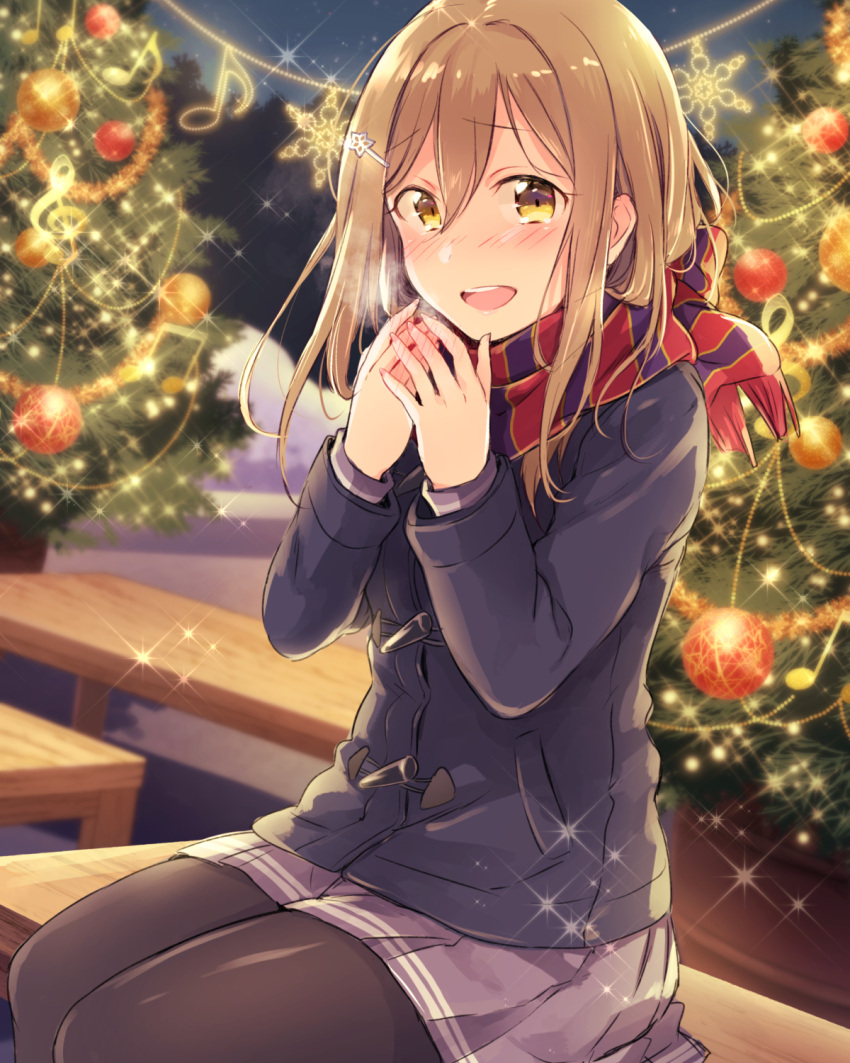 1girl :d bangs beamed_quavers bench black_legwear blush breath brown_eyes brown_hair christmas christmas_garland christmas_lights christmas_ornaments christmas_tree coat commentary_request hair_between_eyes hair_ornament hairpin hands_together highres kunikida_hanamaru long_hair long_sleeves love_live! love_live!_sunshine!! musical_note open_mouth pantyhose quaver sakou_mochi scarf sitting skirt smile solo sparkle striped striped_scarf treble_clef winter_clothes