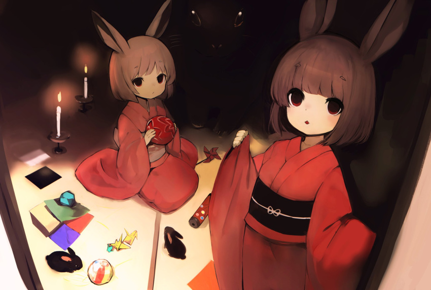 2girls animal animal_ears ball brown_hair candle closed_mouth empty_eyes fire highres holding holding_ball indoors japanese_clothes kimono long_sleeves looking_at_viewer multiple_girls obi origami original parted_lips pinching_sleeves pinwheel rabbit rabbit_ears red_eyes red_kimono red_lips revision sash seiza short_eyebrows short_hair sitting sleeves_past_wrists standing thick_eyebrows u_(rat3333)
