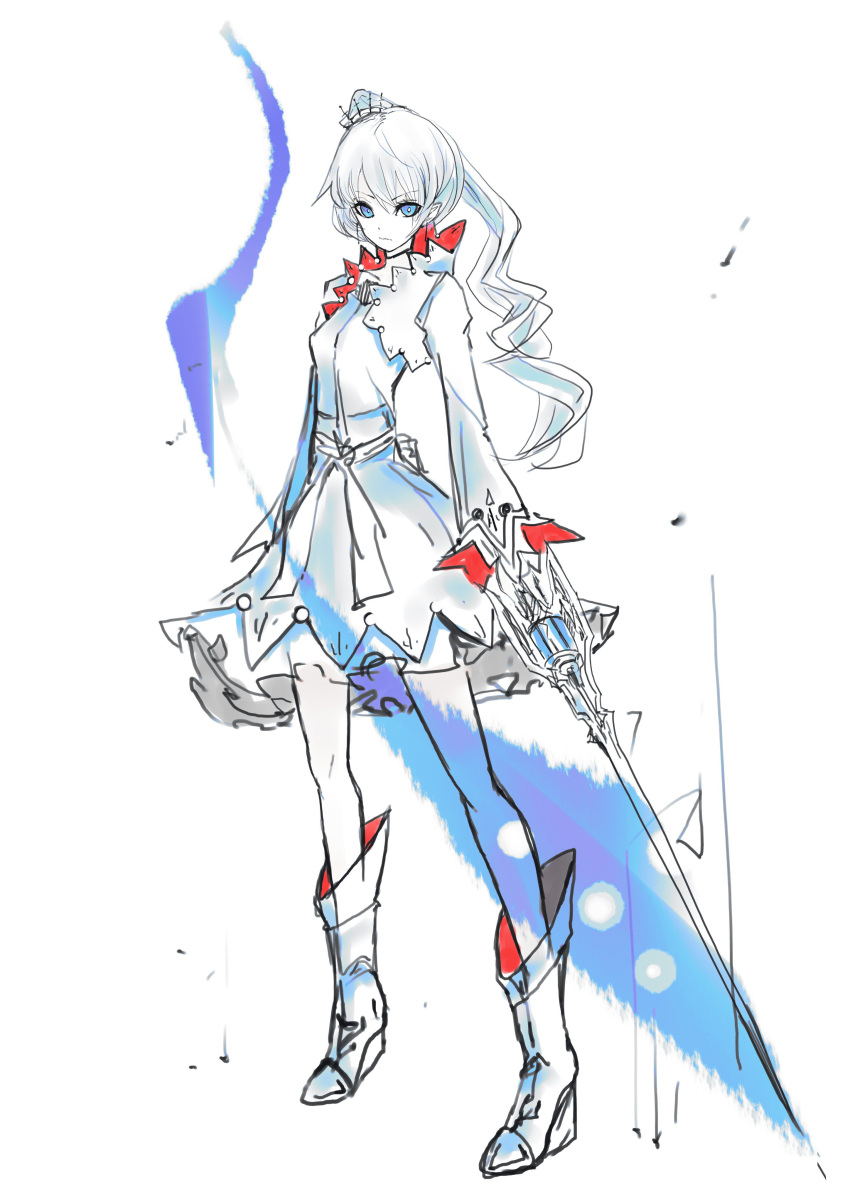 1girl absurdres blue_eyes boots dress female full_body hair_ornament highres holding holding_weapon long_hair long_sleeves looking_at_viewer partially_colored ponytail rwby scar scar_across_eye solo standing sword weapon weiss_schnee white_background white_boots white_dress white_hair wide_sleeves yutapon