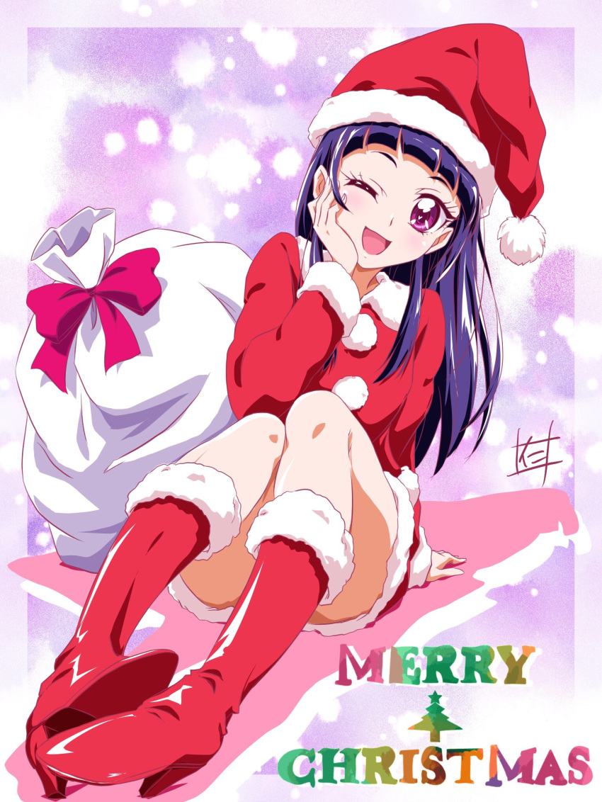 1girl ;d boots christmas convenient_leg hat highres izayoi_liko long_hair mahou_girls_precure! nii_manabu one_eye_closed open_mouth precure purple_hair santa_boots santa_hat skirt smile solo violet_eyes