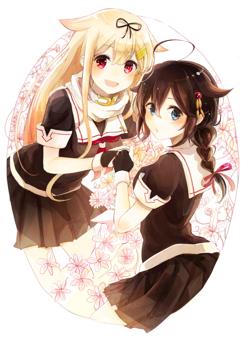 2girls :d ahoge black_serafuku blonde_hair blue_eyes bow braid brown_hair commentary_request fingerless_gloves floral_background gloves hair_between_eyes hair_bow hair_flaps hair_ornament hair_ribbon hairclip hand_holding highres kantai_collection kazuhito_(1245ss) long_hair multiple_girls neckerchief open_mouth pleated_skirt red_eyes remodel_(kantai_collection) revision ribbon scarf school_uniform serafuku shigure_(kantai_collection) short_sleeves single_braid skirt smile white_background yuudachi_(kantai_collection)