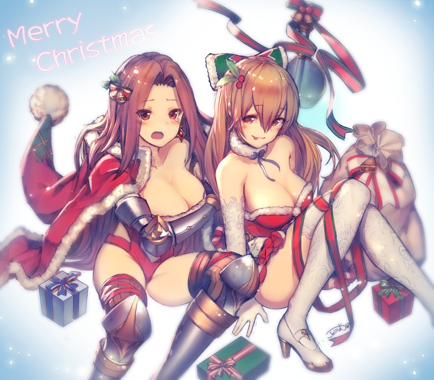 2girls :p \||/ arm_support armor armored_boots arms_at_sides bangs bare_shoulders bazooka_oiran bell blonde_hair blue_bow blue_ribbon blush boots bow box breast_hold breasts brown_eyes brown_hair brown_legwear cape catalina_(granblue_fantasy) christmas cleavage collarbone detached_collar dress earrings elbow_gloves english eyebrows_visible_through_hair eyelashes fur-trimmed_cape fur_trim gift gift_box gloves granblue_fantasy hair_bell hair_bow hair_ornament high_heels highres jewelry knees_together_feet_apart knees_up leotard light_particles long_hair looking_at_viewer medium_breasts merry_christmas multiple_girls open_mouth pom_pom_(clothes) red_cape red_dress red_ribbon ribbed_legwear ribbon sack santa_costume shiny shiny_hair shoes signature sitting smile strapless strapless_leotard thigh-highs thigh_strap tongue tongue_out very_long_hair vira white_gloves white_legwear white_ribbon white_shoes