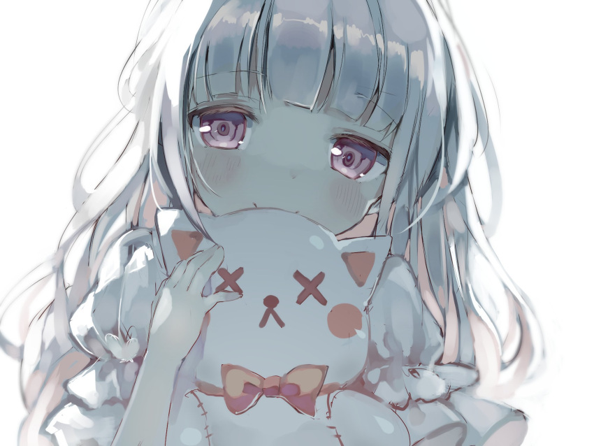 1girl backlighting bangs blush bow close-up covered_mouth eyebrows_visible_through_hair female grey_eyes highres hug long_hair looking_at_viewer niito object object_hug original silver_hair simple_background smile solo stuffed_animal stuffed_toy upper_body white_background