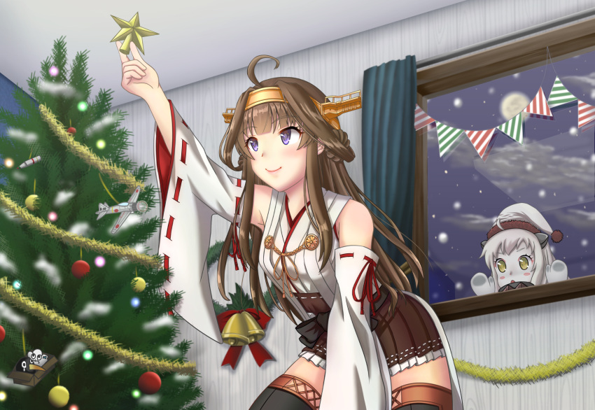 2girls a6m_zero against_glass aircraft airplane armpits ayase_(ayaseid) ayase_(nicoseiga) black_legwear blush_stickers brown_hair c: christmas christmas_ornaments christmas_tree clouds cloudy_sky detached_sleeves double_bun failure_penguin full_moon hairband hat highres holding kantai_collection kongou_(kantai_collection) leaning_forward long_hair miss_cloud mitsubishi mittens moon multiple_girls night night_sky nontraditional_miko northern_ocean_hime pleated_skirt santa_hat shinkaisei-kan skirt sky snowing thigh-highs type_91_armor-piercing_shell violet_eyes white_hair white_skin window yellow_eyes zettai_ryouiki