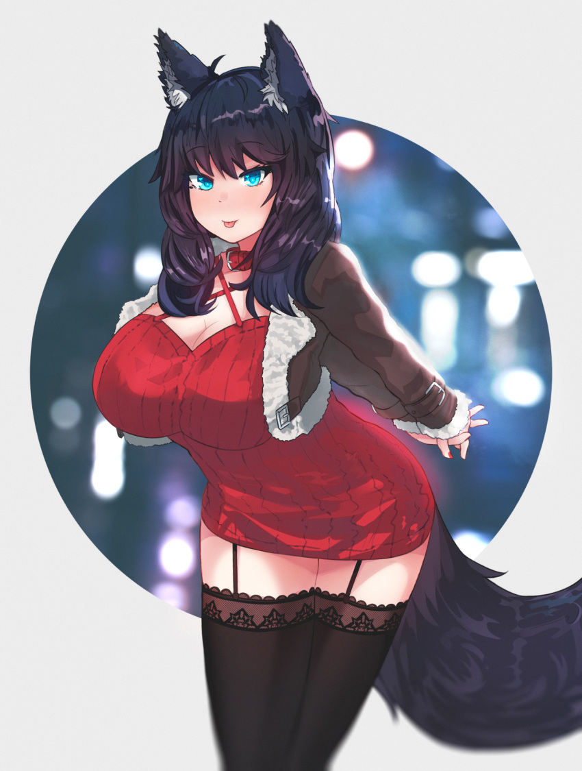 1girl animal_ears arms_behind_back bangs black_hair black_legwear blue_eyes blush breasts brown_jacket cleavage collar cowboy_shot cropped_jacket dress ehrrr fur_trim garter_straps hands_clasped highres jacket lace lace-trimmed_thighhighs large_breasts leaning_forward nail_polish nose_blush open_clothes open_jacket original red_dress ribbed_dress short_dress solo tail thigh-highs tongue tongue_out wolf_ears wolf_girl wolf_tail