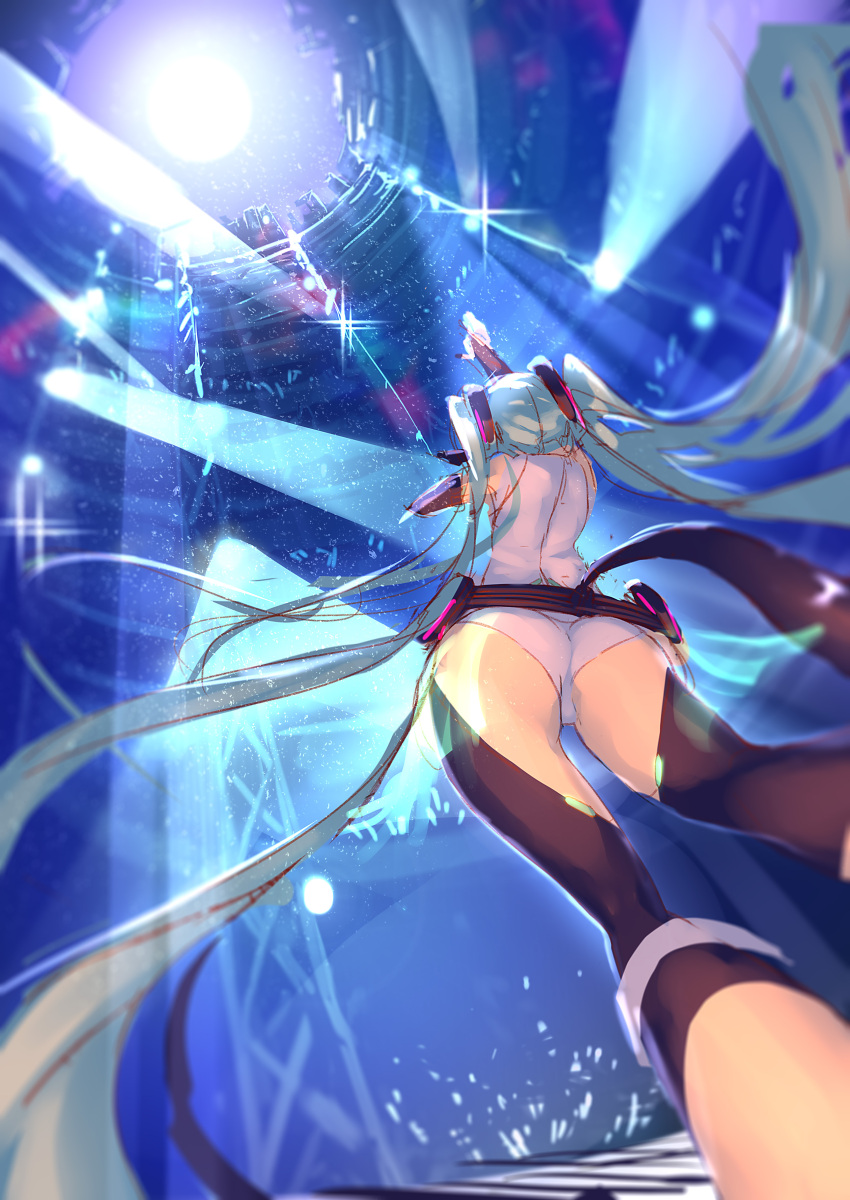 1girl absurdres aqua_hair arm_up ass enj! from_behind from_below hatsune_miku highres long_hair miku_append panties sketch solo thighs twintails underwear vocaloid vocaloid_append