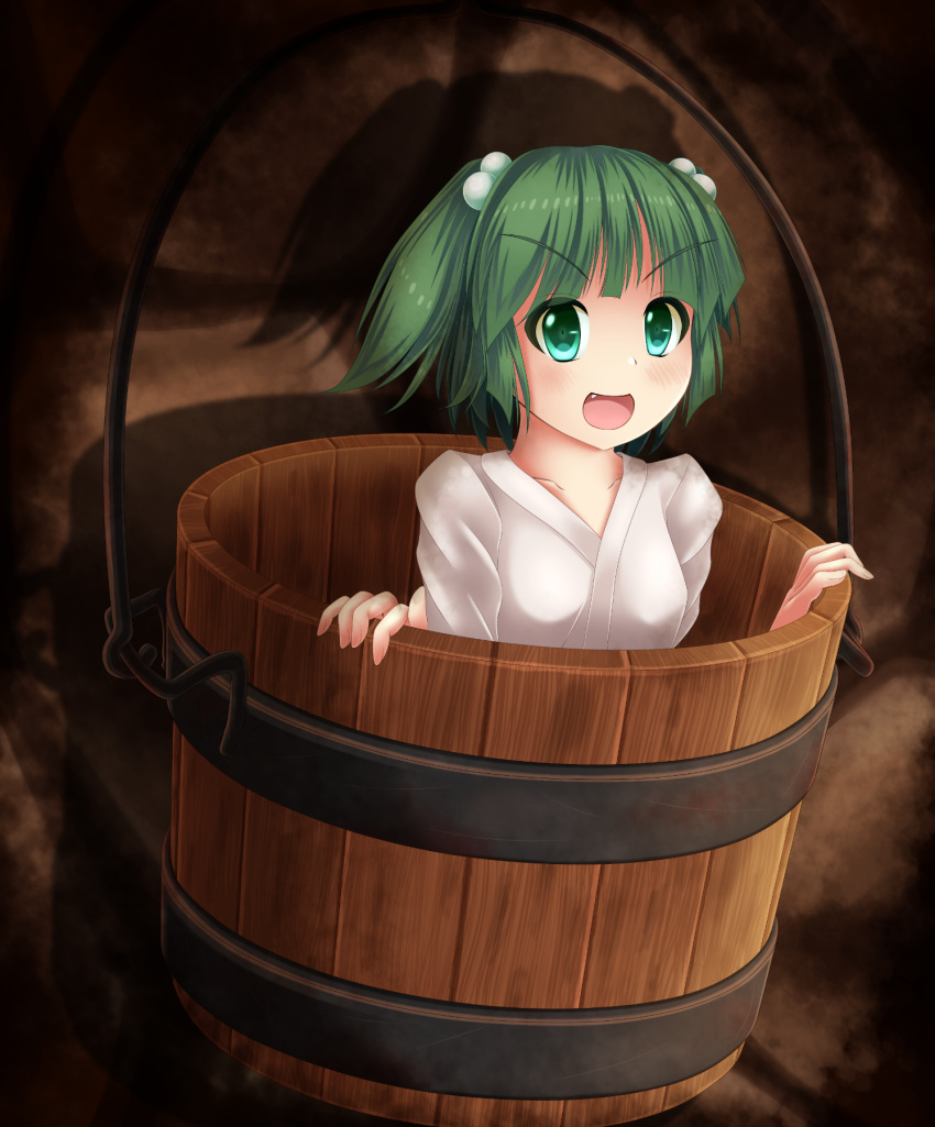 1girl :d brick_wall bucket eyebrows_visible_through_hair fang green_eyes green_hair hair_bobbles hair_ornament highres in_bucket in_container japanese_clothes kimono kisume looking_at_viewer nicoemon2 open_mouth shadow short_hair smile solo touhou twintails white_kimono