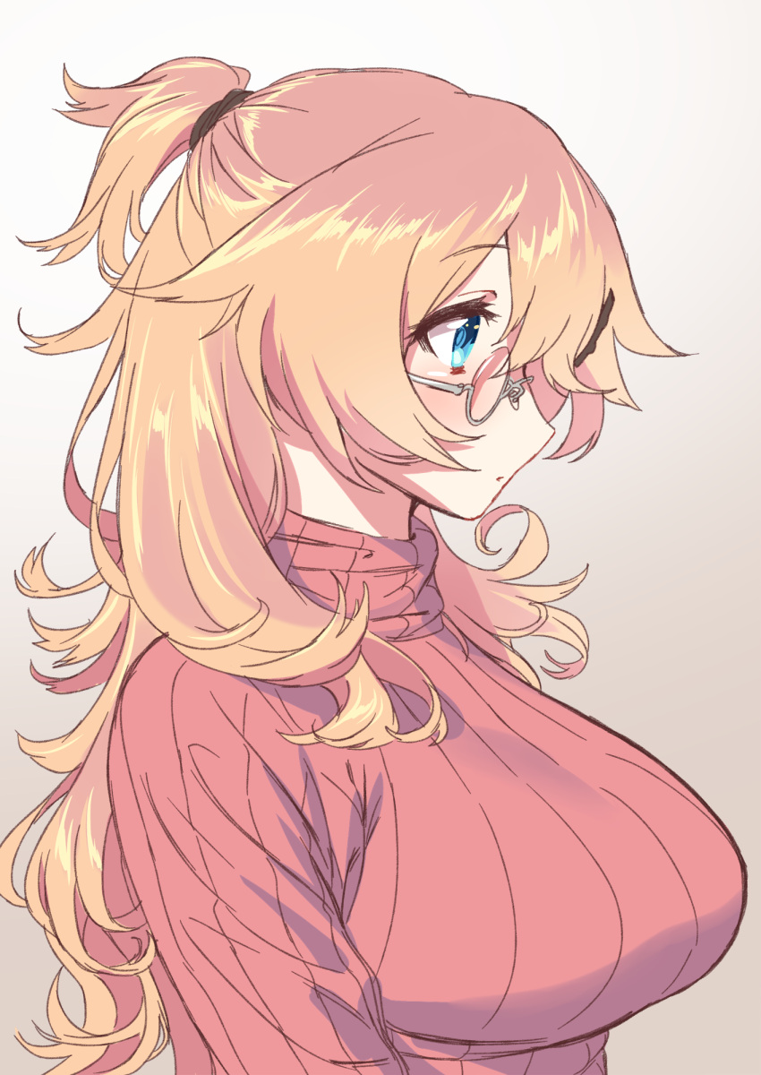 1girl bangs blew_andwhite blonde_hair blue_eyes breasts eyebrows_visible_through_hair from_side glasses grey_background highres large_breasts long_hair original ponytail ribbed_sweater round_glasses semi-rimless_glasses solo sweater turtleneck upper_body wavy_hair