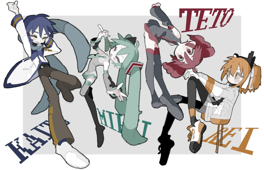 1boy 3girls a.i._voice adachi_rei ahoge aqua_hair aqua_necktie arched_back arm_up belt bent_over black_belt black_leggings blue_hair blush_stickers boots border brown_pants character_name closed_eyes coat collared_shirt detached_sleeves drill_hair expressionless floating food grey_background grey_footwear grey_scarf grey_shirt grey_skirt grey_sleeves hair_ornament hair_ribbon half-closed_eyes hand_on_headphones hands_on_own_knee hatsune_miku headlamp highres holding holding_food holding_spring_onion holding_vegetable jacket kaito_(vocaloid) kasane_teto knee_up leggings long_hair medium_hair microphone miniskirt multiple_girls music necktie one_side_up open_clothes open_jacket open_mouth orange_eyes orange_hair outside_border outstretched_arms pants radio_antenna red_eyes redhead ribbon scarf shirt shoes short_hair singing skirt sleeveless sleeveless_shirt smile sneakers spring_onion tabun_ningen thigh_boots turtleneck twin_drills twintails utau vegetable very_long_hair vocaloid white_border white_coat white_jacket white_ribbon