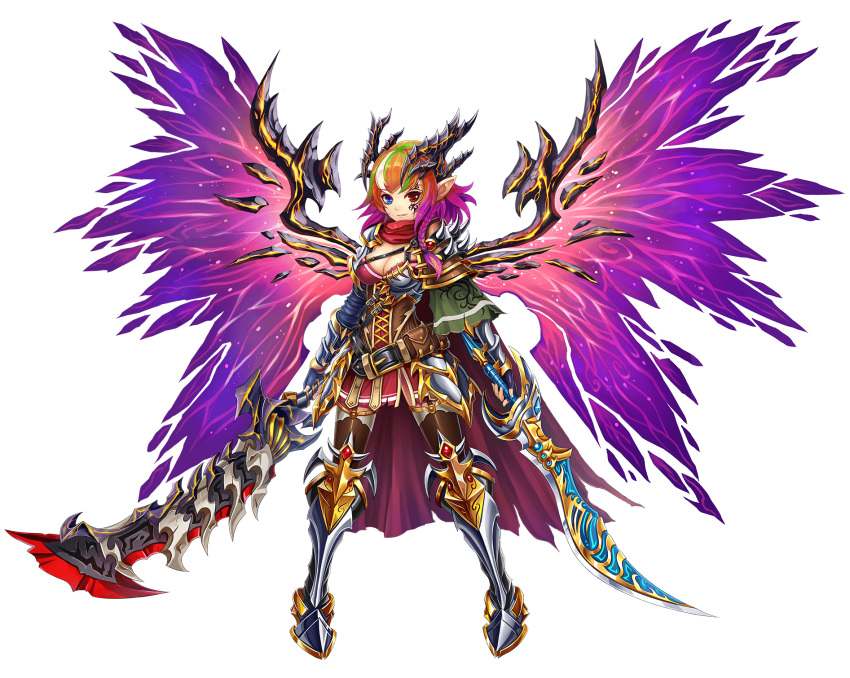1girl armor artist_request belt braid brave_frontier breastplate breasts cape capelet cleavage corset demon_girl dual_wielding energy_wings ezra_(brave_frontier) facial_mark fingerless_gloves gauntlets gloves greaves heterochromia highres horns multicolored_hair pointy_ears pouch shoulder_armor shoulder_spikes skirt smile spikes sword torn_clothes weapon wings
