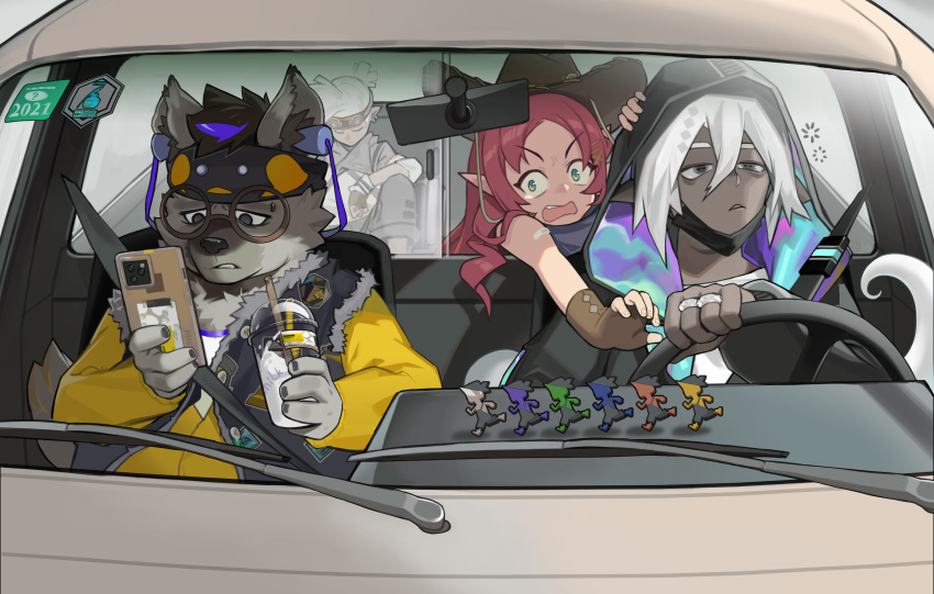 1girl 3boys absurdres aqua_eyes arknights bare_arms bare_shoulders black_jacket car cellphone character_request cup disposable_cup driving ethan_(arknights) eyebrows_visible_through_hair fang fingerless_gloves furry glasses gloves ground_vehicle hair_between_eyes highres holding holding_cup holding_phone hood hooded_jacket jacket long_hair looking_at_viewer motor_vehicle multiple_boys myrtle_(arknights) open_mouth phone redhead round_eyewear smartphone spot_(arknights) white_hair yellow_jacket yezhusansansansan