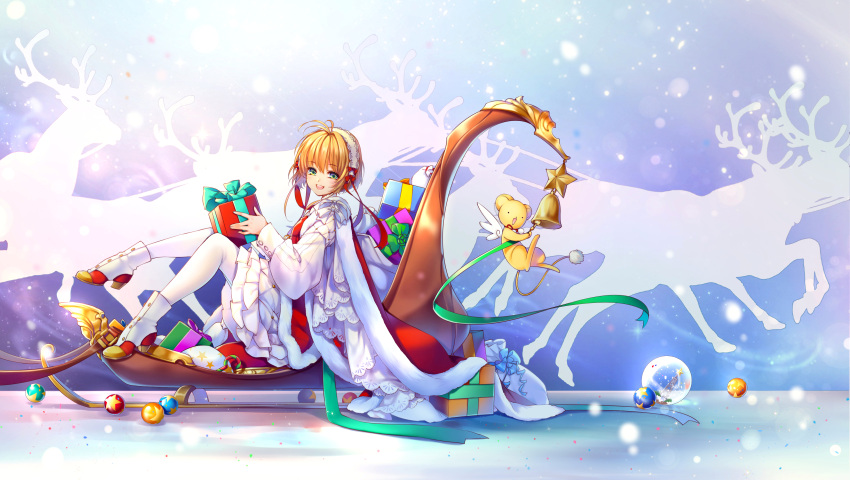 1girl :d \||/ absurdres ankle_boots ball bangs blonde_hair blurry boots bow box cane cape card_captor_sakura christmas christmas_ornaments dress eyebrows_visible_through_hair flying from_side gift gift_box green_eyes green_ribbon hairband high_heel_boots high_heels highres holding kero kingchenxi kinomoto_sakura knees_up leg_up long_sleeves looking_at_viewer open_mouth puffy_long_sleeves puffy_sleeves red_bow red_cape red_ribbon reindeer ribbon sack short_hair silhouette sitting sleigh smile snow_globe snowing star tower white_boots white_bow white_dress white_legwear