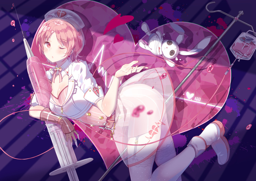 1girl bandage belt blood boots breasts cardiogram character_request cleavage commentary_request domotolain fingerless_gloves garter_straps gloves hat heart heart_monitor intravenous_drip lace lace-trimmed_thighhighs miracle_nikki nail_polish neck_ribbon nurse nurse_cap one_eye_closed oversized_object pink_eyes pink_hair red_nails ribbon see-through short_hair single_elbow_glove skirt solo stitches stuffed_animal stuffed_bunny stuffed_toy syringe thigh-highs transparent_skirt