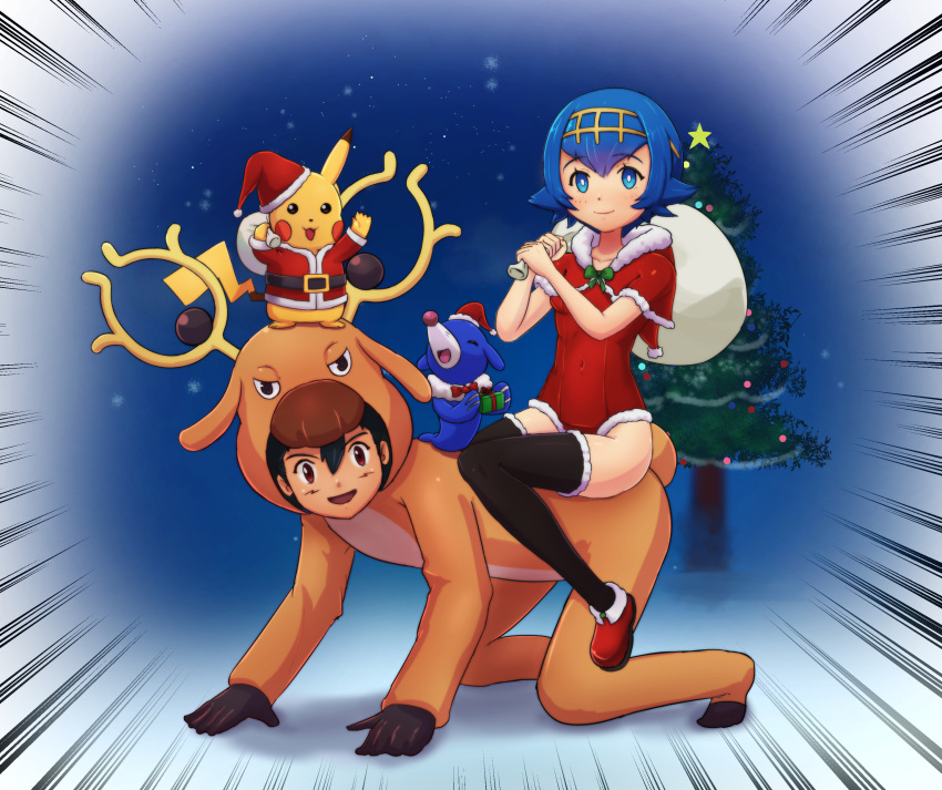 1boy 1girl absurdres animal_costume antlers black_hair blue_hair bright_pupils christmas christmas_ornaments christmas_tree clothed_pokemon cosplay fuhikari headgear highres looking_at_viewer open_mouth pikachu pokemon pokemon_(anime) pokemon_(game) pokemon_sm pokemon_sm_(anime) popplio reindeer_antlers reindeer_costume sack santa_costume satoshi_(pokemon) short_sleeves sitting sitting_on_person stantler suiren_(pokemon) swimsuit