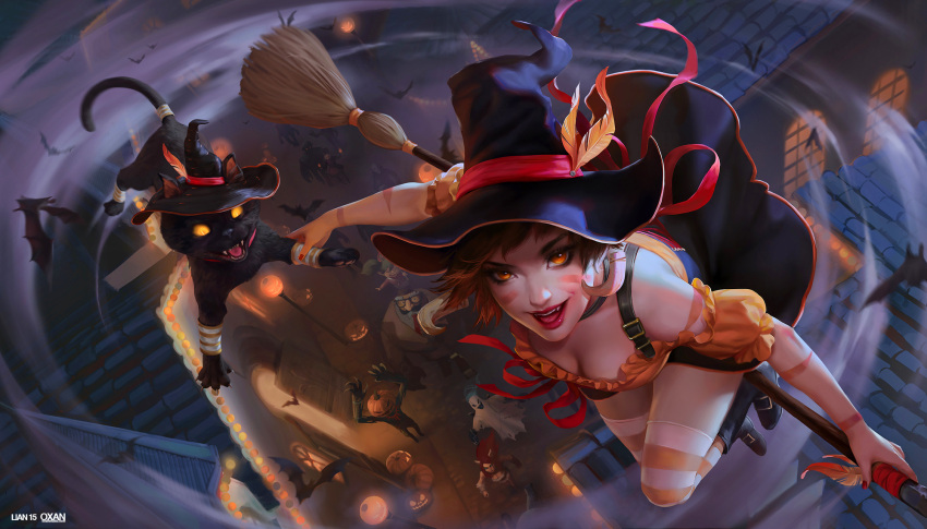 &gt;:d 1girl :d animal animal_ears bat black_boots black_cat black_skirt boots breasts broom broom_riding brown_hair cat cat_ears cleavage facial_mark from_above ghost_costume green_hair halloween halloween_costume hat highres house jack-o'-lantern league_of_legends lian-oxan_studio long_hair looking_at_viewer nidalee official_art open_door open_mouth orange_eyes outdoors outstretched_arm path realistic redhead road short_hair skirt smile standing striped striped_legwear thigh-highs twintails window witch_hat