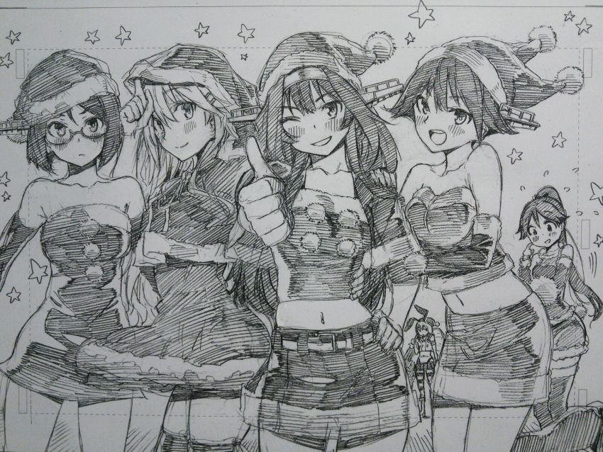 &gt;:( 6+girls alternate_costume arm_grab bangs blush breasts capelet collarbone cowboy_shot crop_top detached_sleeves double_bun dress elbow_gloves embarrassed flipped_hair flying_sweatdrops glasses gloves hair_between_eyes hairband hand_on_hip haruna_(kantai_collection) hiei_(kantai_collection) highleg highleg_panties highres houshou_(kantai_collection) kantai_collection kirishima_(kantai_collection) kojima_takeshi kongou_(kantai_collection) light_smile long_hair looking_at_another looking_at_viewer looking_down medium_breasts microskirt midriff miniskirt monochrome multiple_girls navel off-shoulder_dress off_shoulder one_eye_closed open_mouth panties parted_bangs perspective pleated_skirt pom_pom_(clothes) ponytail sailor_collar santa_costume school_uniform shimakaze_(kantai_collection) short_dress short_hair sketch skirt smile standing standing_on_one_leg striped striped_legwear thigh-highs underwear zettai_ryouiki
