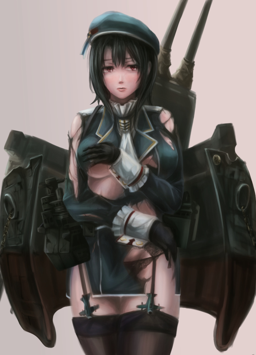 1girl beret black_hair black_panties brown_eyes dai_toro garter_straps grey_background hat highres kantai_collection looking_at_viewer machinery panties short_hair simple_background solo takao_(kantai_collection) torn_clothes turret underwear