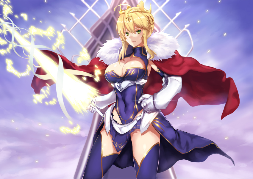 1girl artoria_pendragon_lancer_(fate/grand_order) blonde_hair braid breasts cape cleavage contrapposto covered_navel crown elbow_gloves fate/grand_order fate_(series) fur_trim gauntlets gloves green_eyes jilllxlxl lance large_breasts looking_at_viewer magic polearm saber serious solo sword thigh-highs weapon