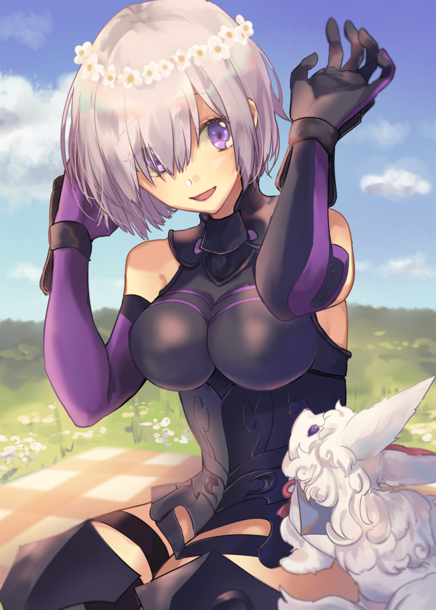 1girl :d absurdres armor bare_shoulders blue_sky breasts clouds elbow_gloves fate/grand_order fate_(series) flower fou_(fate/grand_order) gloves hair_flower hair_ornament hair_over_one_eye highres hino_hinako open_mouth purple_gloves purple_hair shielder_(fate/grand_order) short_hair sitting sky smile violet_eyes