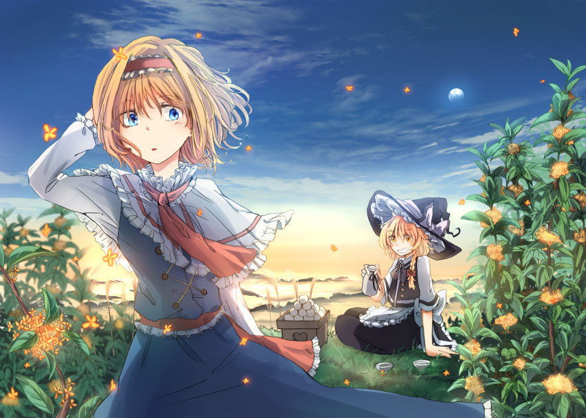 2girls alice_margatroid apron ascot black_bow black_bowtie black_hat black_skirt black_vest blonde_hair blue_eyes blue_skirt blue_sky blue_vest bow bowtie braid buttons capelet clouds dango evening food frilled_apron frilled_hat frilled_sleeves frills grin hair_bow hair_ribbon hairband hand_behind_head hat hat_bow highres kirisame_marisa lolita_hairband long_sleeves mochi moon multiple_girls petals red_bow red_hairband ribbon short_hair short_sleeves side_braid single_braid sitting skirt sky smile tigern tokkuri touhou tress_ribbon vest wagashi waist_apron white_apron white_bow witch_hat yellow_eyes yellow_flower yuri