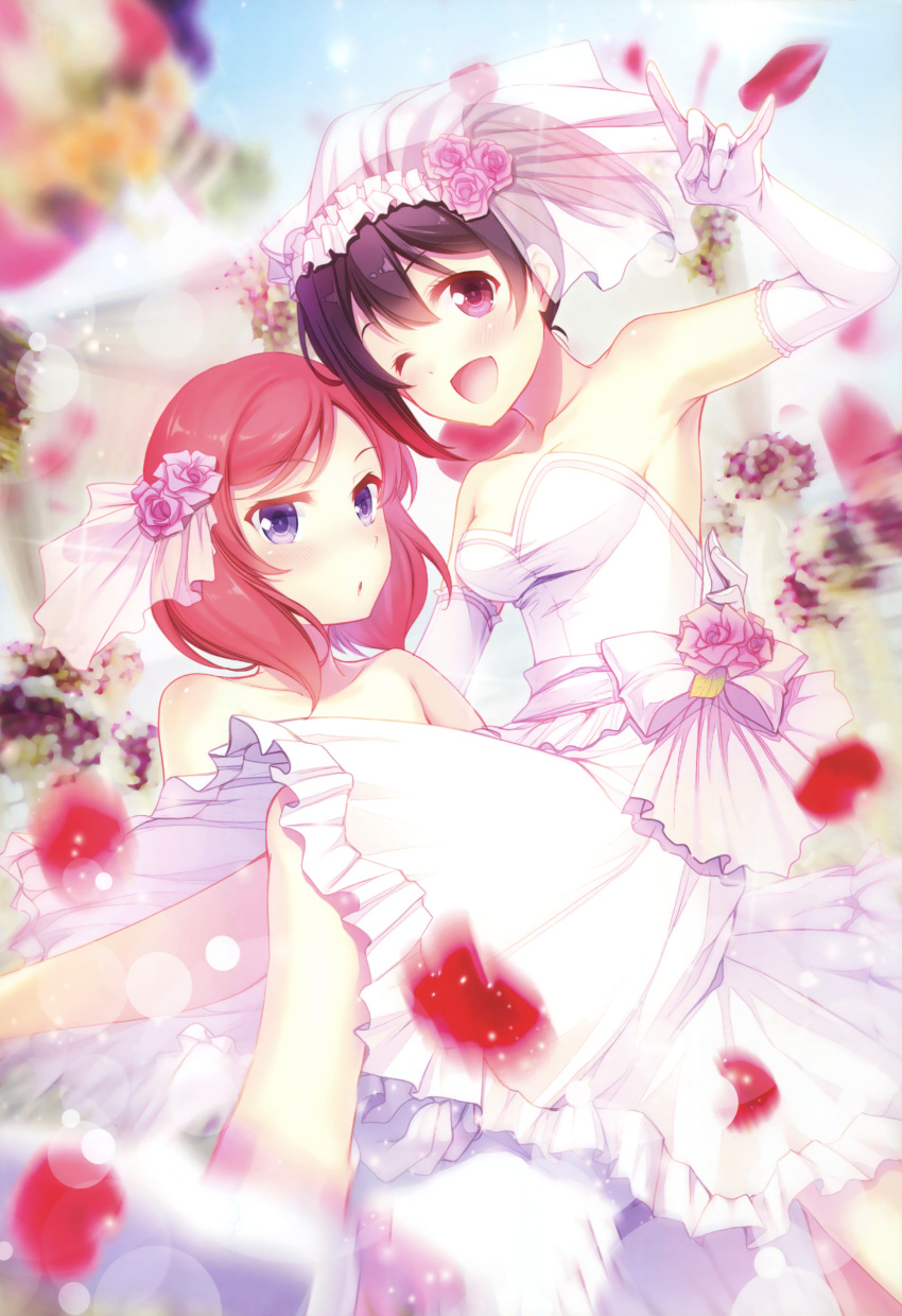 2girls :o ;d absurdres armpits bangs bare_shoulders black_hair blurry_background bow breasts carrying collarbone dress elbow_gloves eyebrows_visible_through_hair flower frilled_dress frills gloves gunp hair_flower hair_ornament hand_gesture highres lens_flare looking_at_viewer love_live! love_live!_school_idol_project medium_breasts multiple_girls nishikino_maki one_eye_closed open_mouth parted_lips petals pink_rose princess_carry red_eyes redhead rose rose_petals scan see-through shiny shiny_skin short_hair short_twintails smile swept_bangs tareme twintails veil violet_eyes wedding_dress white_bow white_dress white_gloves wife_and_wife yazawa_nico yuri