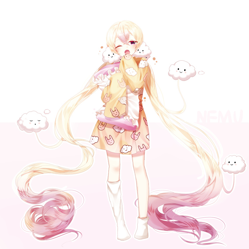 1girl ;o absurdly_long_hair animal_print asymmetrical_legwear blonde_hair blush bunny_print character_name cloud_hair_ornament cloud_print drowsy frilled_pillow frills full_body gradient gradient_hair hair_between_eyes hair_ornament hand_to_own_mouth hands_in_sleeves highres kneehighs legs_apart lepoule_(kmjh90) long_hair long_sleeves looking_at_viewer mahou_shoujo_ikusei_keikaku multicolored_hair nemurin_(mahoiku) no_pants no_shoes one_eye_closed outline pajamas pillow pink_background pink_hair print_pajamas red_eyes sleeves_past_wrists smile socks solo standing twintails two-tone_background very_long_hair violet_eyes white_background white_legwear yawning