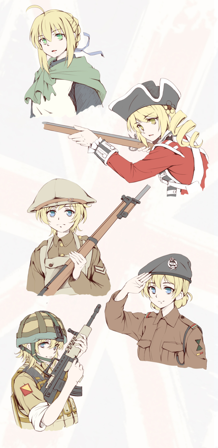 5girls aiming alternate_costume american_revolution annotated assault_rifle avril_bradley bayonet blonde_hair blue_eyes blue_ribbon bolt_action british darjeeling drill_hair fate_(series) female flag flag_background girls_und_panzer gosick green_eyes gun hair_ornament hair_ribbon hairpin hat helmet highres holding holding_weapon l85 l85a1_(upotte!!) long_hair longmei_er_de_tuzi looking_at_another mahou_shoujo_madoka_magica military military_uniform multiple_girls ribbon rifle saber salute short_hair sleeves_rolled_up smile soldier tagme tomoe_mami twin_drills uniform union_jack upotte!! upper_body weapon white_background white_clothes world_war_i world_war_ii yellow_eyes
