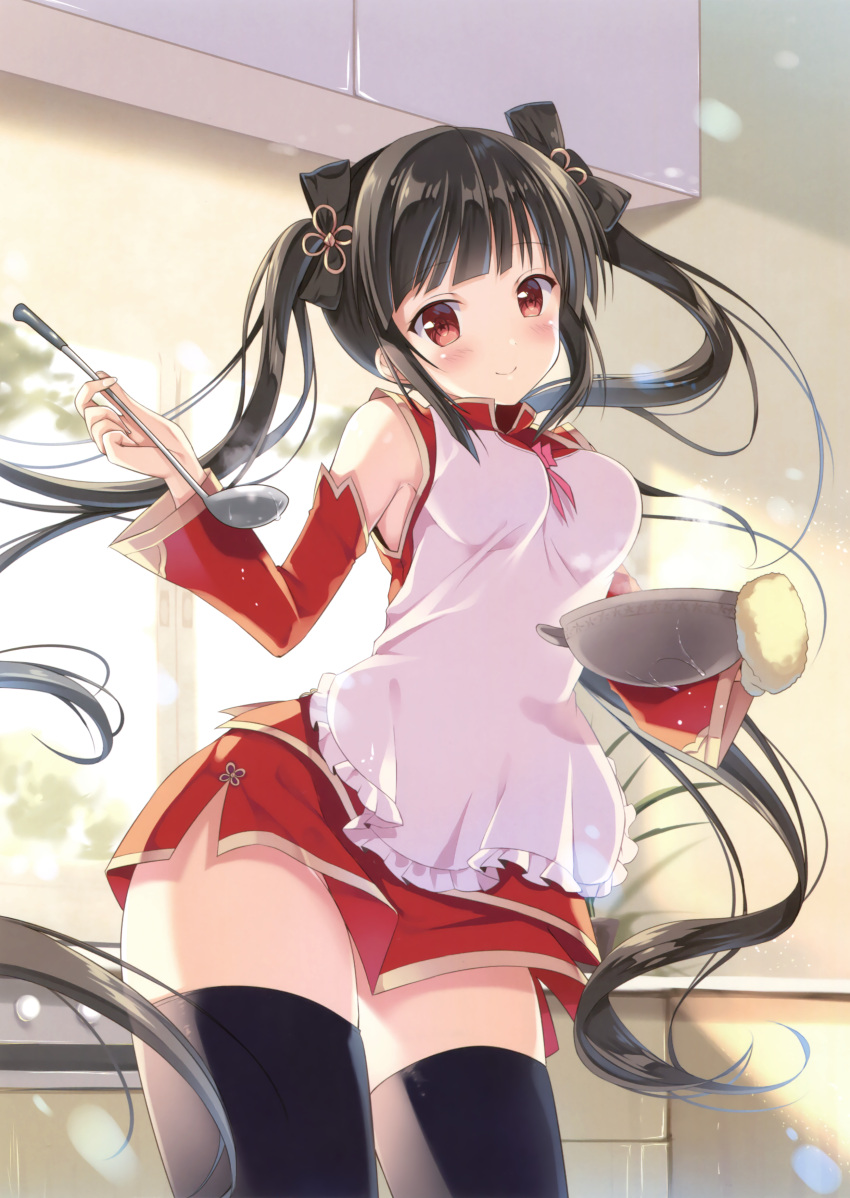 1girl absurdres apron bangs bare_shoulders black_hair black_legwear black_ribbon blunt_bangs blush bowl breasts closed_mouth contrapposto cooking counter cowboy_shot detached_sleeves dress flower_pot frilled_apron frills hair_ornament hair_ribbon hanahanaken hand_up highres holding_bowl indoors kitchen ladle legs_apart looking_at_viewer medium_breasts miniskirt original oven_mitts plant red_dress red_eyes ribbon scan shirt sidelocks skirt skirt_set sleeveless sleeveless_shirt smile solo stove thigh-highs twintails window zettai_ryouiki