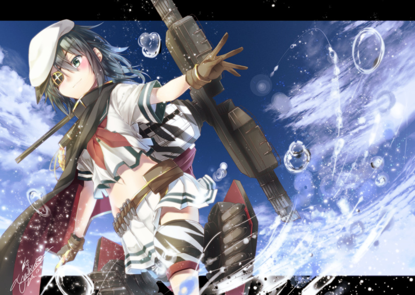 1girl beret brown_gloves cape eyepatch gloves green_eyes grey_hair hat kantai_collection kiso_(kantai_collection) long_hair looking_at_viewer machinery navel smile solo yuihira_asu