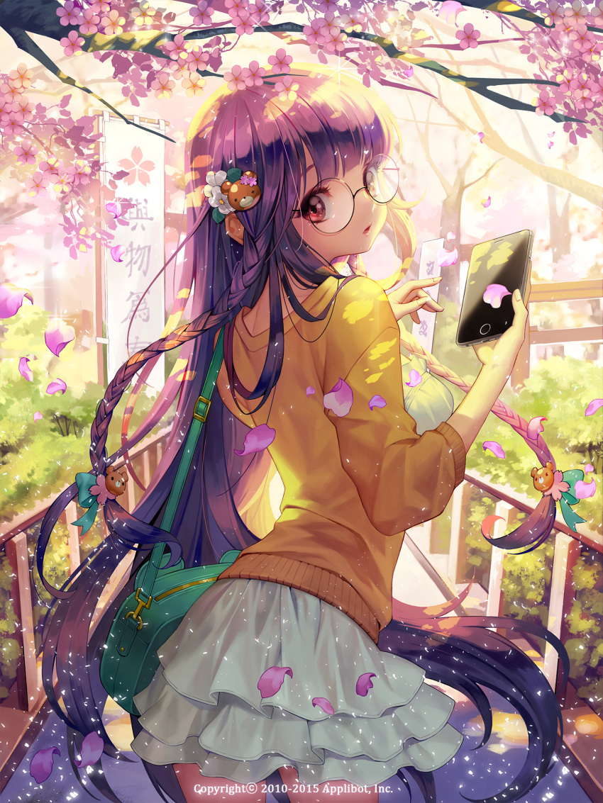 1girl 2010 2015 aqua_ribbon bag braid bush cardigan cellphone cherry_blossoms company_name english flower from_behind furyou_michi_~gang_road~ glasses hair_flower hair_ornament hair_ribbon handbag head_tilt highres holding holding_phone long_hair looking_back miniskirt number outdoors parted_lips petals phone purple_hair railing red_eyes ribbon round_glasses side_braid skirt smartphone solo soo_kyung_oh sparkle sweater teddy_bear_hair_ornament tree twin_braids very_long_hair watermark white_skirt yellow_sweater