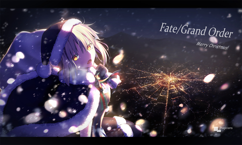 1girl artist_name bangs black_legwear blonde_hair cape christmas copyright_name fang fate/grand_order fate_(series) fur-trimmed_legwear fur_trim green_ribbon hat holding letterboxed lights looking_at_viewer looking_back magicians_(zhkahogigzkh) merry_christmas open_mouth pantyhose red_ribbon ribbon saber saber_alter sack santa_alter santa_hat scenery snow solo striped striped_ribbon thigh-highs yellow_eyes