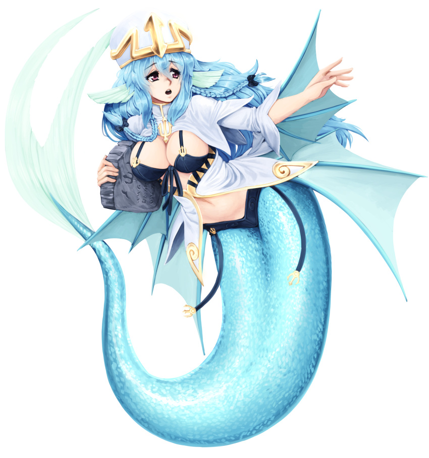 1girl barbariank blue_hair bow braid breasts center_opening cleavage eyebrows_visible_through_hair fins full_body hair_bow hat head_fins highres large_breasts long_hair looking_to_the_side mermaid midriff monster_girl monster_girl_encyclopedia navel open_mouth outstretched_arm red_eyes sea_bishop solo stone_tablet transparent_background twin_braids