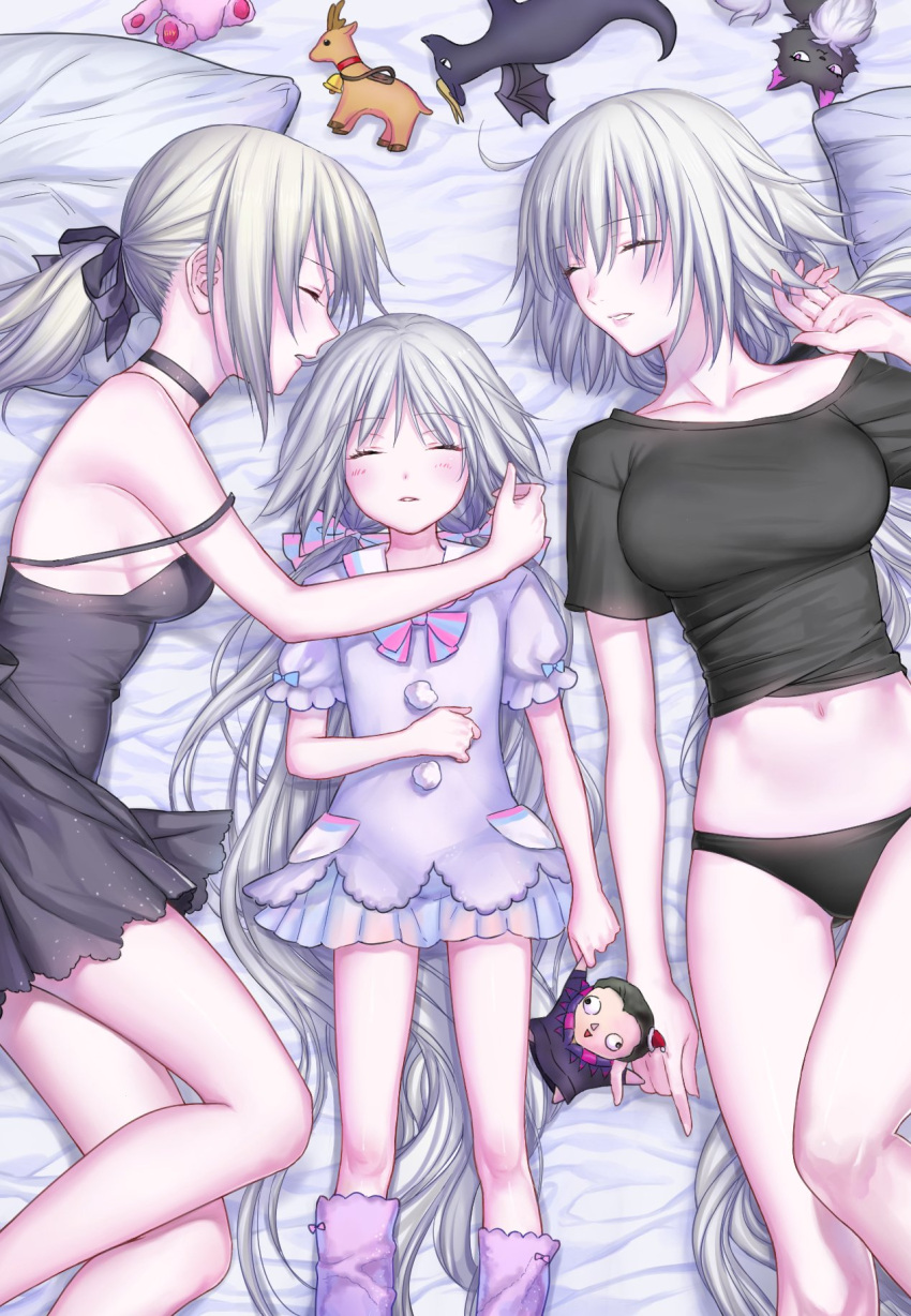 3girls alternate_costume bed blonde_hair blush caster_(fate/zero) character_doll closed_eyes dress fate/apocrypha fate/grand_order fate/stay_night fate/zero fate_(series) girl_sandwich highres jeanne_alter jeanne_alter_(santa_lily)_(fate) long_hair multiple_girls nipi27 open_mouth panties ponytail ruler_(fate/apocrypha) ruler_(fate/grand_order) saber saber_alter sandwiched sleeping underwear white_hair