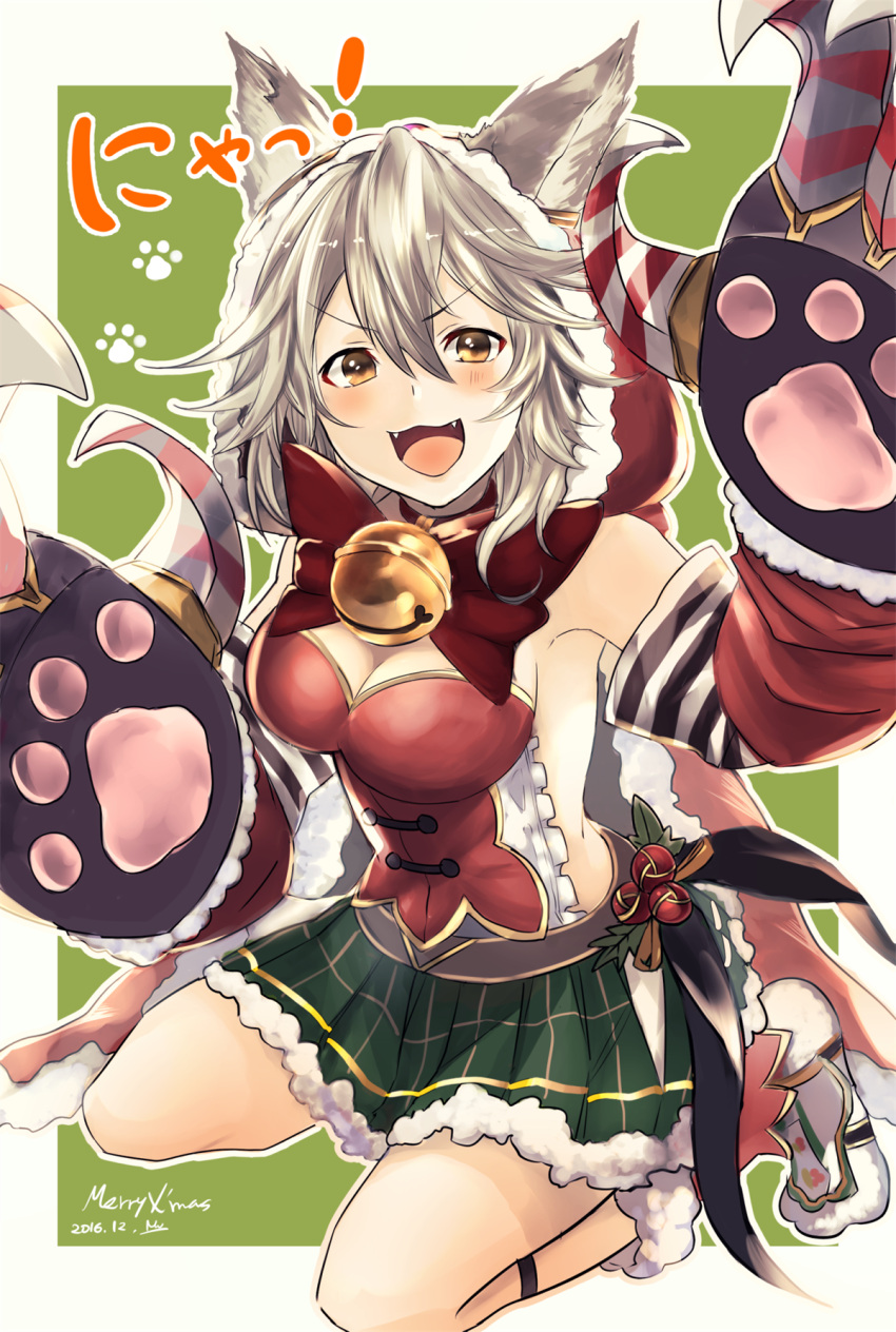 1girl alternate_costume animal_ears bangs bell bell_collar blush breasts character_name claw_(weapon) claws cleavage collar fangs gloves granblue_fantasy grey_hair hair_between_eyes highres looking_at_viewer looking_up nuu_(liebe_sk) open_mouth red_eyes sen_(granblue_fantasy) skirt smile solo translated weapon