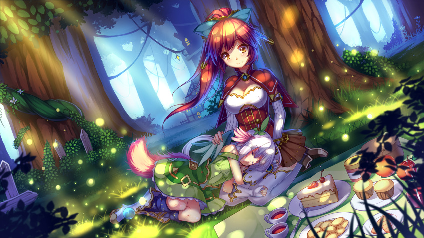 2girls ahoge akabane bow breasts brown_hair building capelet cleavage cup cupcake detached_sleeves dog_tail feathered_wings food forest hair_bow hair_ribbon long_hair lying_on_lap lying_on_person multiple_girls nature original ponytail ribbon short_hair sitting sleeping sleeping_on_person strawberry_shortcake tail tea teacup tree tree_shade wariza white_hair wind wings yellow_eyes
