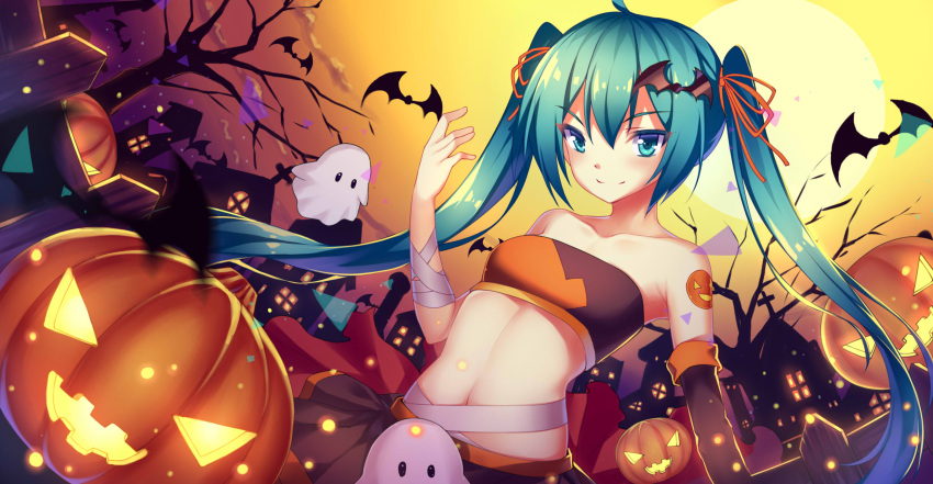&gt;:) 1girl ahoge akabane bare_shoulders bat bat_hair_ornament black_gloves bow building collarbone elbow_gloves full_moon ghost gloves green_eyes green_hair hair_bow hair_ornament hair_ribbon halloween hatsune_miku highres jack-o'-lantern long_hair looking_at_viewer moon navel ribbon single_glove smile solo twintails very_long_hair vocaloid