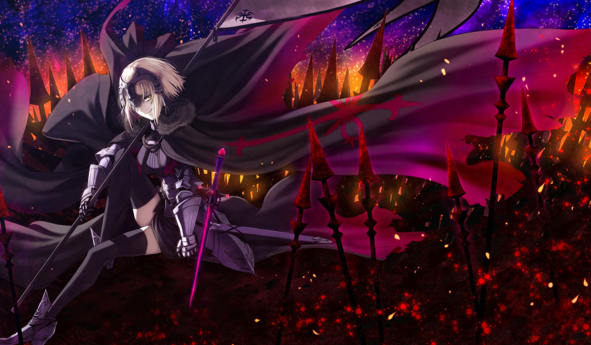 1girl armor armored_boots black_legwear boots breasts cape fate/grand_order fate_(series) flag gauntlets high_heels highres hinomoto_madoka jeanne_alter looking_at_viewer polearm ruler_(fate/apocrypha) sheath short_hair sitting smile solo spear sword thigh-highs weapon white_hair yellow_eyes