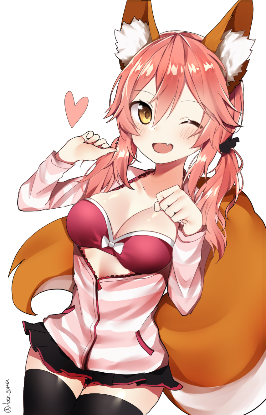 1girl animal_ears bad_id bad_pixiv_id black_legwear breasts cleavage clenched_hands fang fate/extra fate/extra_ccc fate/grand_order fate_(series) fox_ears fox_tail hair_between_eyes hair_ribbon heart highres long_hair long_sleeves looking_at_viewer low_twintails medium_breasts miniskirt one_eye_closed open_mouth paw_pose pink_hair ribbon sabet_(young_ouo) shiny shiny_hair simple_background skirt solo tail tamamo_(fate)_(all) tamamo_no_mae_(fate) twintails twitter_username unzipped white_background yellow_eyes