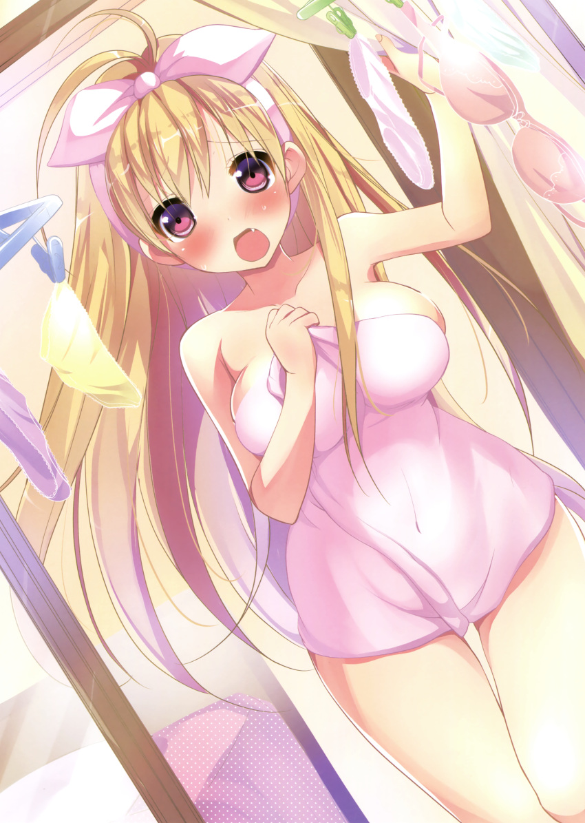 1girl absurdres antenna_hair bangs bare_shoulders blonde_hair blush bra breasts clothes_pin collarbone covered_navel cowboy_shot curtains eyebrows_visible_through_hair fang fingernails hairband highres large_breasts laundry legs_together lingerie long_hair looking_at_viewer naked_towel nekomaru_(mochapon) open_mouth original panties scan solo sweatdrop thigh_gap towel underwear violet_eyes window