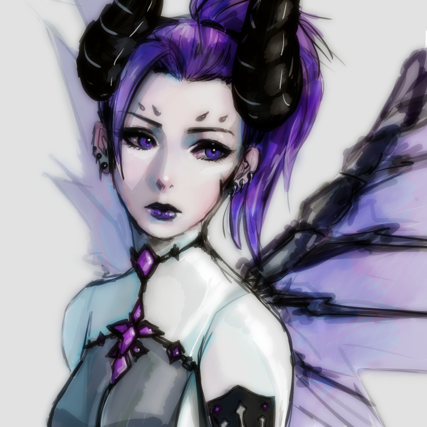 1girl alternate_costume bodysuit breasts dark_persona demon_girl demon_horns earrings emblem eyelashes facial_mark facing_viewer forehead_mark high_ponytail highres horns imp_mercy jewelry lips lipstick looking_away looking_to_the_side makeup mechanical_wings mercy_(overwatch) nvalkyrja overwatch patch ponytail portrait purple_hair purple_lipstick purple_wings simple_background sketch small_breasts solo spread_wings stud_earrings violet_eyes white_background wings