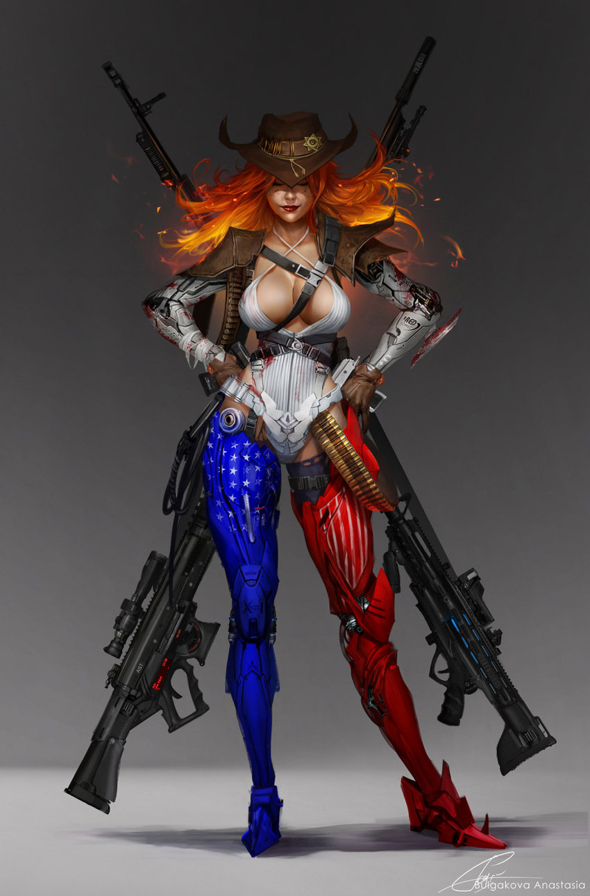 1girl ammunition_belt anastasia_bulgakova artist_name blood_on_arm breasts brown_gloves brown_hat closed_eyes closed_mouth criss-cross_halter flaming_hair freckles full_body gloves gun halter_top halterneck hands_on_hips hat highres long_hair mechanical_arms mechanical_legs orange_hair original realistic rifle signature solo standing weapon