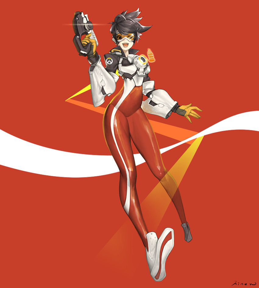 1girl alternate_color artist_name bangs bodysuit bomber_jacket bottle breasts brown_eyes brown_hair brown_jacket coke_bottle commentary emblem finger_on_trigger full_body gloves goggles gun hand_up handgun harness highres hinew_kim holding holding_gun holding_weapon jacket leather leather_jacket logo open_mouth overwatch pistol red_background red_bodysuit shoes short_hair short_sleeves simple_background skin_tight sleeves_rolled_up smile solo spiky_hair standing strap swept_bangs teeth thighs tracer_(overwatch) vambraces weapon white_shoes yellow_gloves