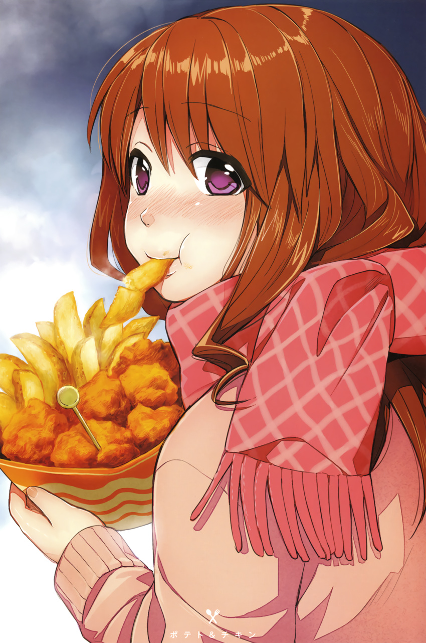 1girl :t bangs blush brown_hair checkered_scarf closed_mouth eating eyebrows_visible_through_hair food_in_mouth full-face_blush hair_between_eyes highres kawai_makoto koufuku_graffiti long_hair long_sleeves looking_at_viewer machiko_ryou nose_blush pink_scarf pink_sweater scarf shiny shiny_hair solo straight_hair sweater translation_request violet_eyes