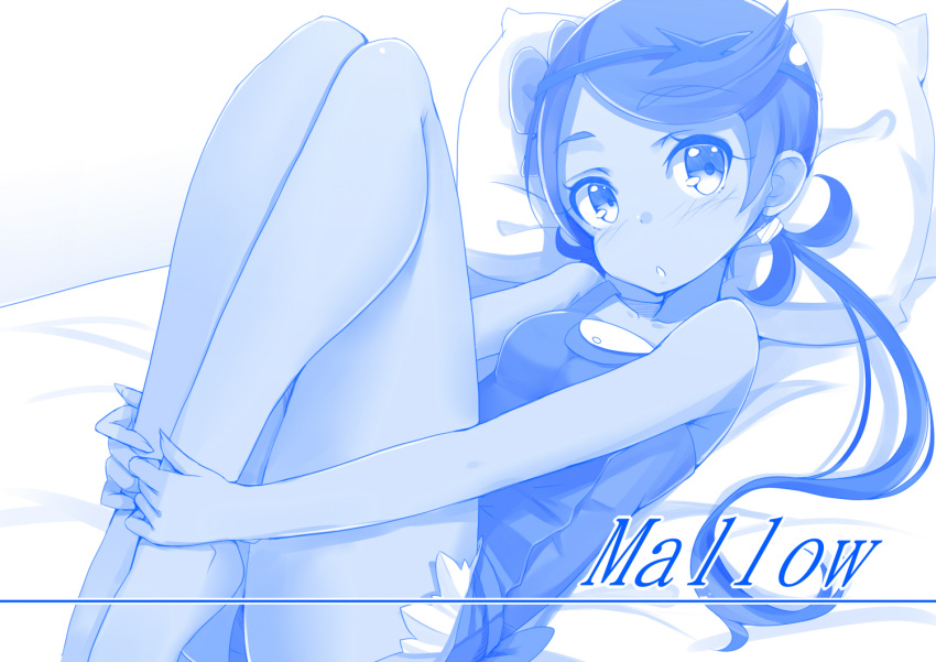 1girl :o bangs bare_arms bare_legs bed bed_sheet blue blush breasts character_name collarbone eyebrows_visible_through_hair flower hair_flower hair_ornament headband if_(asita) leg_hug legs_together long_hair looking_away looking_to_the_side lying mallow_(pokemon) monochrome on_back on_bed open_mouth overalls parted_bangs pillow pokemon pokemon_(game) pokemon_sm small_breasts solo text trial_captain twintails